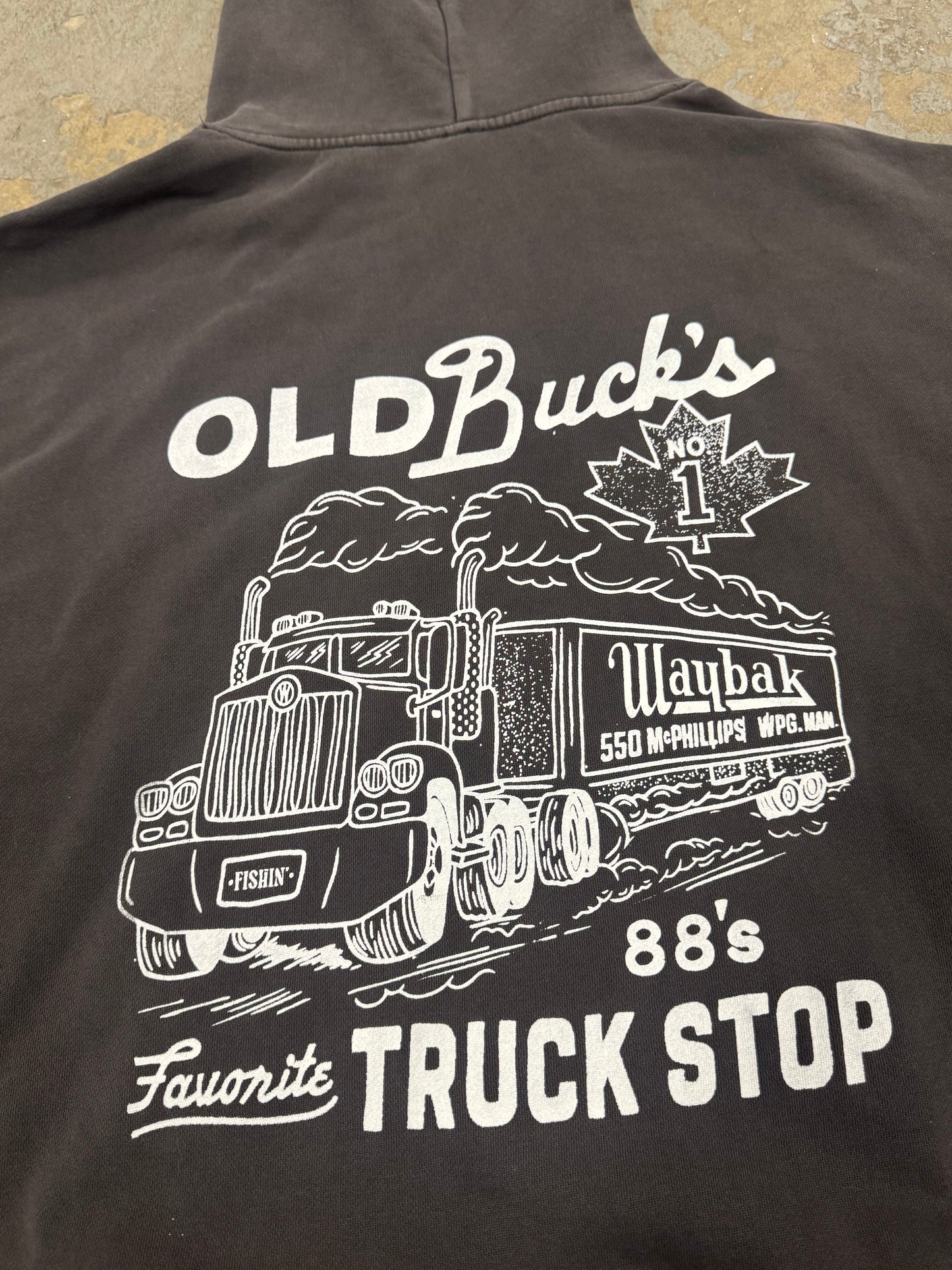 *Old Buck's Truck Stop Relax Faded Black Hoodie